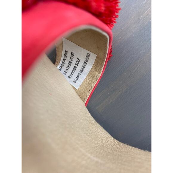 Saks Fifth Avenue Espadrille Wedge Ankle Strap Sandals 7.5 Red Pom Pom Leather - Picture 8 of 10